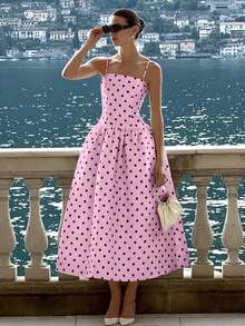 YHH2026 Nuevo vestido elegante, sexy y casual de primavera/verano para vacaciones, fiestas de té, festivales de música country, con volantes en la cintura, tirantes a lunares, color blancoYHH - Rosa - Ver 5