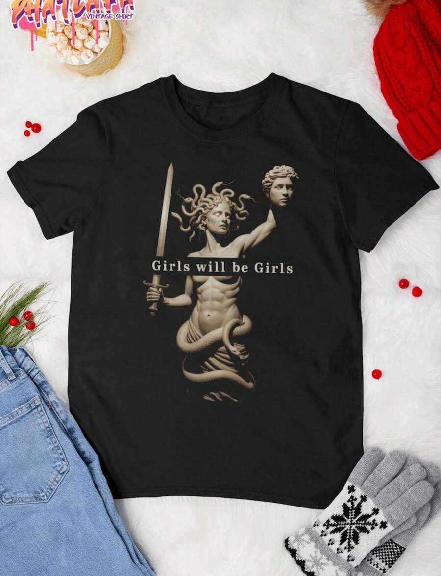 1 pieza Camiseta Vintage "Girls Will Be Girls" con Estampado de Medusa, Camiseta con Estampado de Estatua de Medusa, Camiseta Gráfica de Empoderamiento, Camiseta con Estampado de Estatua de Medusa con Tema Divertido "Girls Will Be Girls", Corte Holgado, Manga Corta, Estilo Casual Y2k, Adecuada para Todas las Temporadas, Lavado a Máquina en Frío, Ideal para Ropa Casual de Negocios y Tallas Grandes, para Salidas Diarias y Actividades de Ocio, 180g 100% Algodón. - Negro 2 - Ver 1