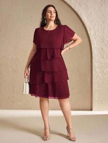 Reflora Vestido de moda con cuello redondo, mangas con volantes y estampado floral para mujer de talla grande - Burdeos - Ver 5