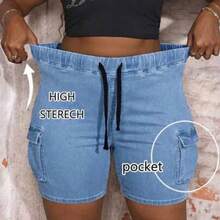 Slayr Plus Size High Waist Skinny Sexy Cargo Denim Shorts - Lavado ligero - Ver 1