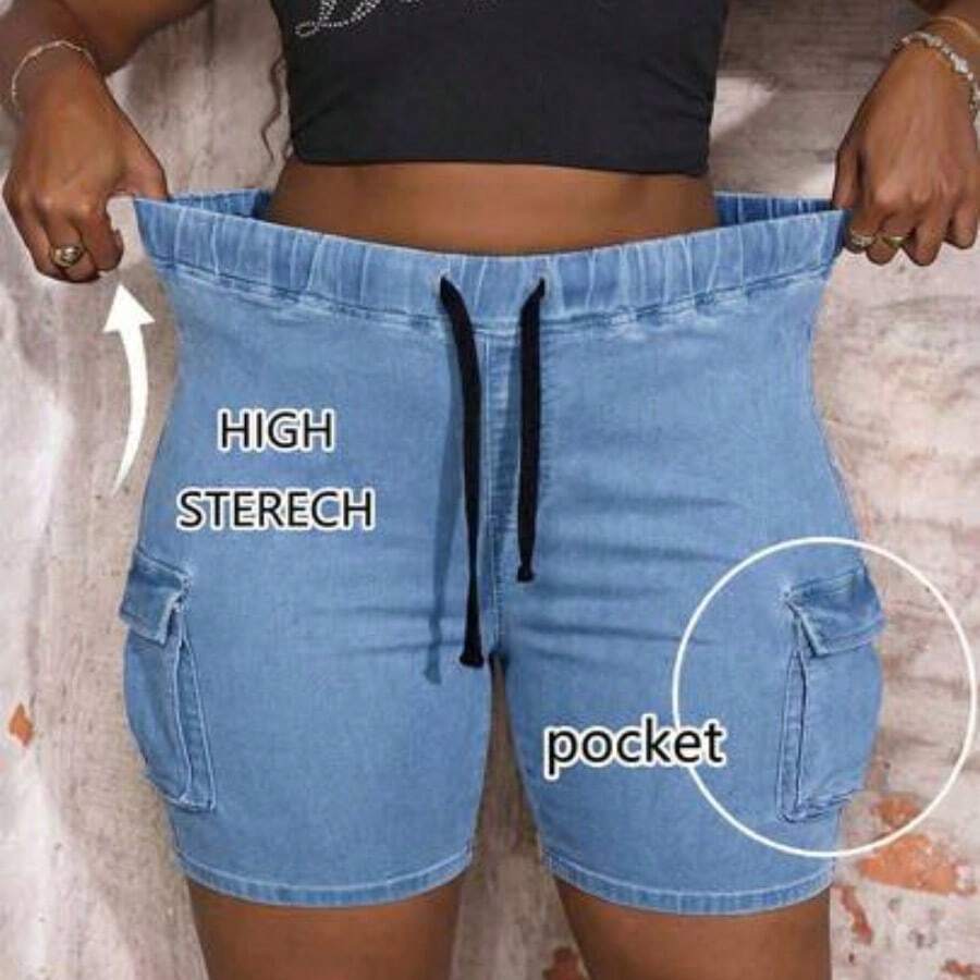 Slayr Plus Size High Waist Skinny Sexy Cargo Denim Shorts - Lavado ligero - Ver 1