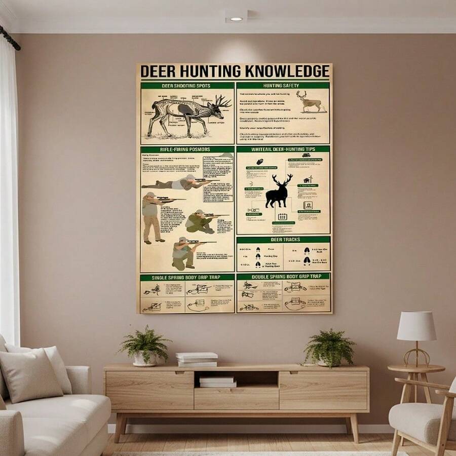 Enmarcado Póster plano 2D, 1 unidad. Guía del cazador en 2D con anatomía, posiciones de acecho,  en la caza y huellas. Lienzo duradero para decoración de hogar, cabaña, oficina, sala de caza, cabaña, diseño educativo. - Enmarcado - Ver 1