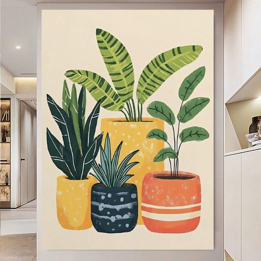 Enmarcado 1 pieza de arte mural moderno en lienzo: plantas vibrantes en macetas de colores, pintura botánica enmarcada en  maciza de 11.81 x 17.72 pulgadas, decoración lista para colgar para sala de estar, oficina, bar, arte mural en lienzo listo para colgar, arte para oficina, arte abstracto de plantas, montaje con gancho - Enmarcado - Ver 1