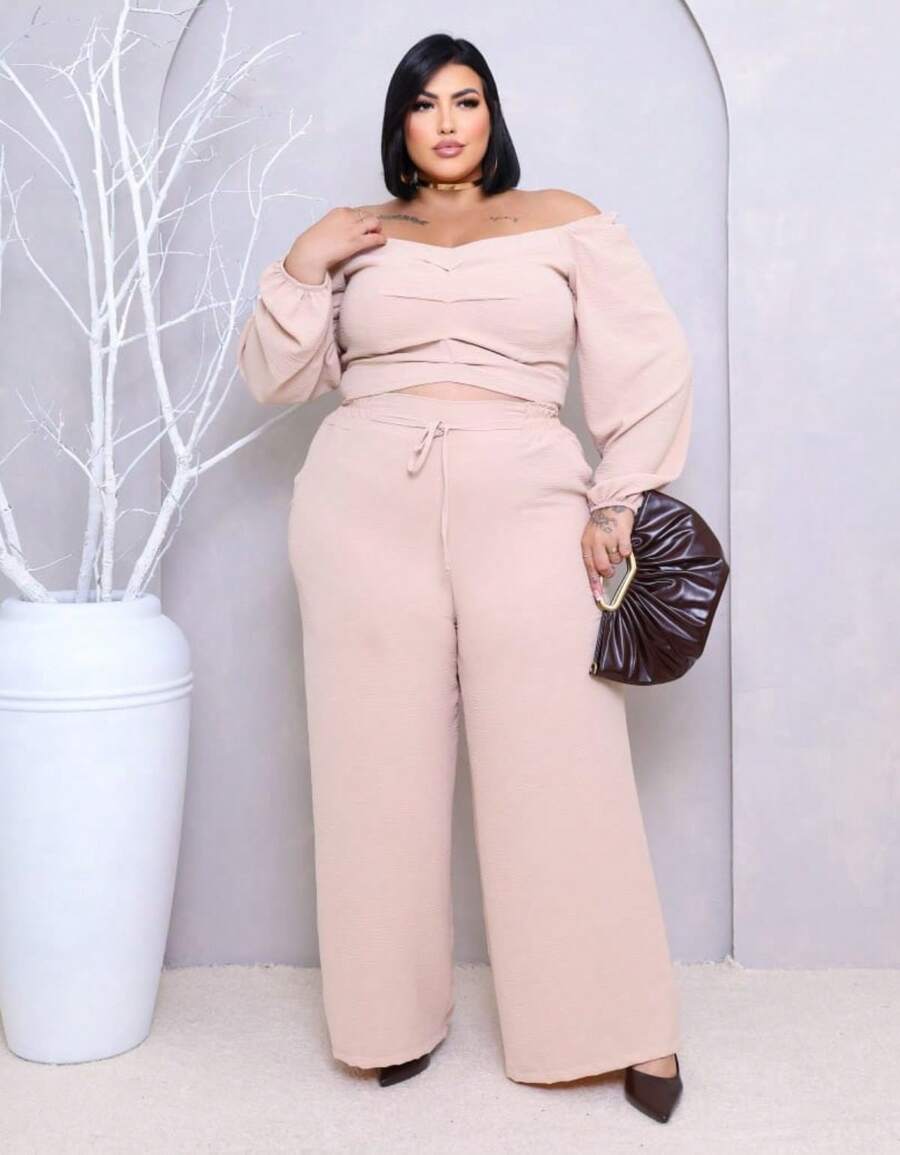 Plus Size Set: Off-The-Shoulder Cropped Top And Elegant High-Waisted Lined Palazzo Pants - 裸體 - 查看 1