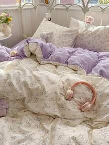 1 Set Comfortable Bedding, Including 1*Duvet Cover, 1*Bed Sheet, 2*Pillowcases, Lavender Floral, Green Leaf Pattern, 100% Polyester, Skin-Friendly Soft Fabric, Duvet Cover & Pillowcases Without Insert, Suitable For All Seasons - Mauve Purple - View 5