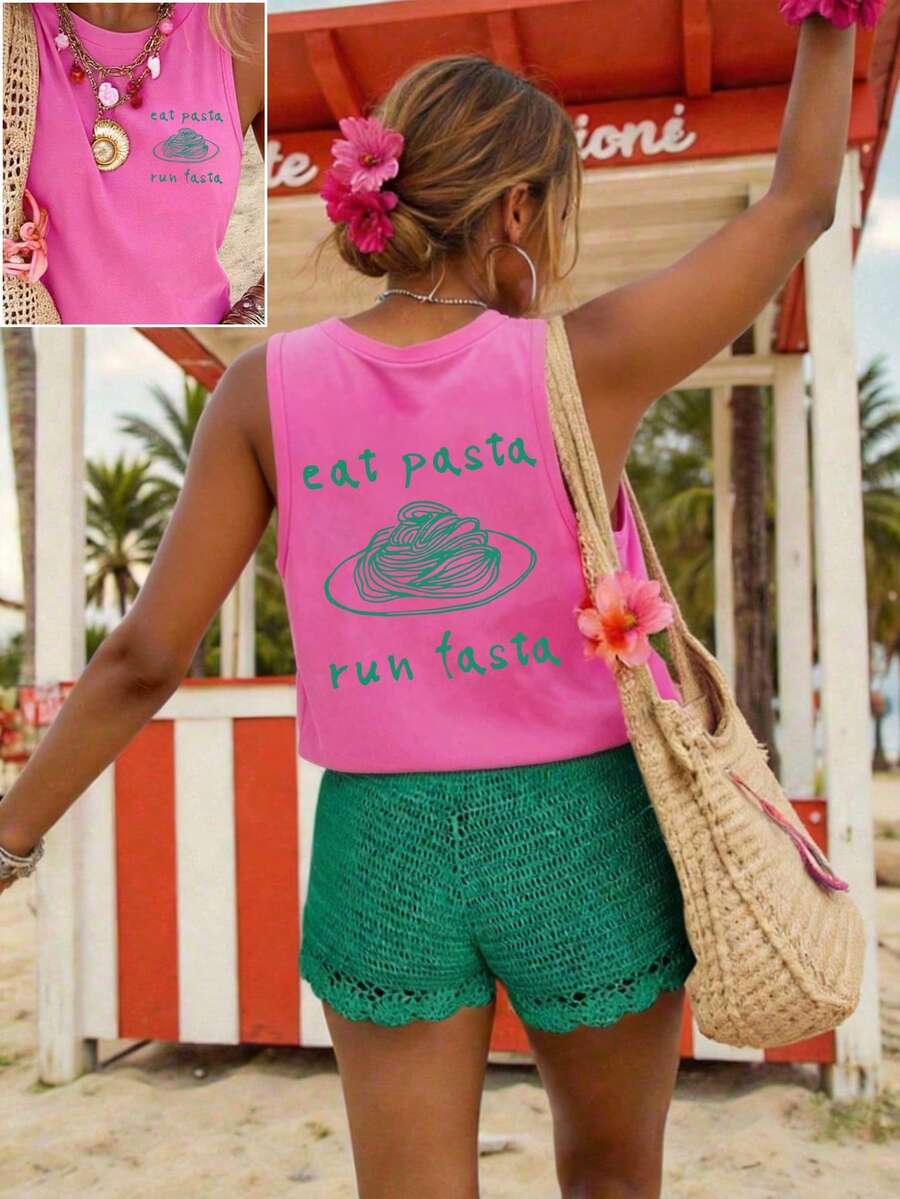 Pasta Lover Club 图案无袖背心，夏季休闲圆领吊带背心，女士度假沙滩装 白色 - 白色 - 查看 1