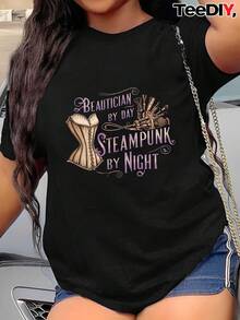 OversizeCamiseta steampunk ajustada para mujer con estampados de herramientas de belleza de estilo victoriano (peine, horquilla, espejo) - blanca con engranajes y ruedas dentadas rosas - camiseta casual de cuello redondo, adecuada para fiestas temáticas y moda steampunk - lavable a máquina y encantadora. - Negro - Ver 6