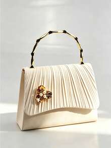 Beige Pleated Evening Clutch Bag With Pearl Flower Decor & Bamboo-Style Metal Handle, Detachable Chain Crossbody Purse For Wedding & Cocktail Party - Apricot - View 9