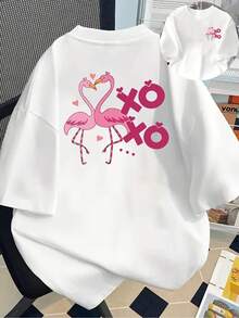Camiseta con Estampado de Pareja de Flamencos, XO Love| Camiseta de manga corta, cuello redondo, informal para mujer, primavera/verano, versátil y cómoda, estilo Y2k. - Blanco - Ver 1
