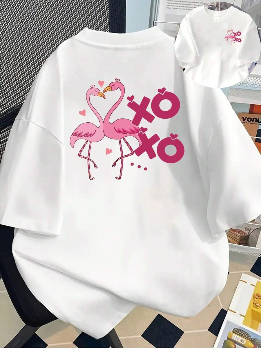 Camiseta con Estampado de Pareja de Flamencos, XO Love| Camiseta de manga corta, cuello redondo, informal para mujer, primavera/verano, versátil y cómoda, estilo Y2k. - Blanco - Ver 1