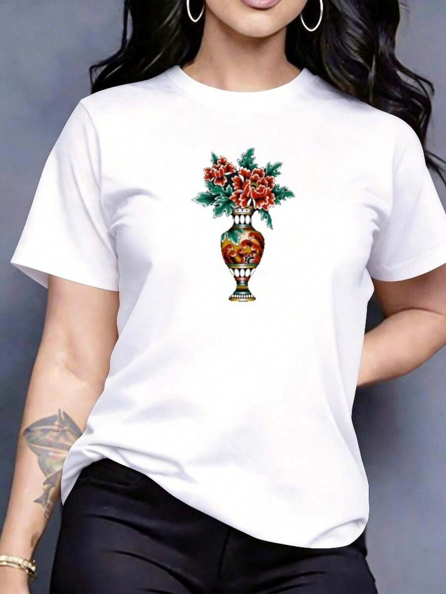 Camiseta de Mujer con Estampado Floral, de Jarrones y Hojas, Talla Grande, Cuello Redondo, Manga Corta Casual en Estilo Retro Moderno, Ideal para Atuendos Diarios y Salidas, Prenda Suave, Cómoda y Transpirable - Blanco - Ver 1