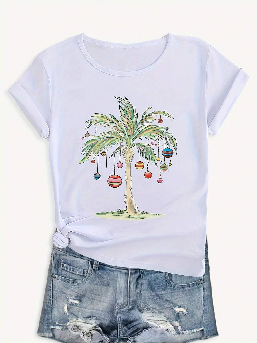 Camiseta de algodón de manga corta para mujer, camiseta navideña con estampado de palmeras, roja, holgada, informal, de verano, top festivo para las fiestas. - Blanco - Ver 1