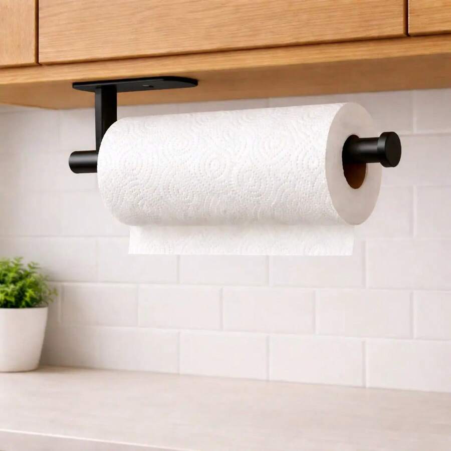Paper Towel Holder, Self-Adhesive Paper Towel Holder Under Cabinet For Kitchen, No Drill Wall Mount-SUS304 Stainless Steel, Space-Saving, Easy Installation For Kitchen, RV & Bathroom-13'' Towel Rack For Rolls, Plastic Wrap & More - Black - View 1