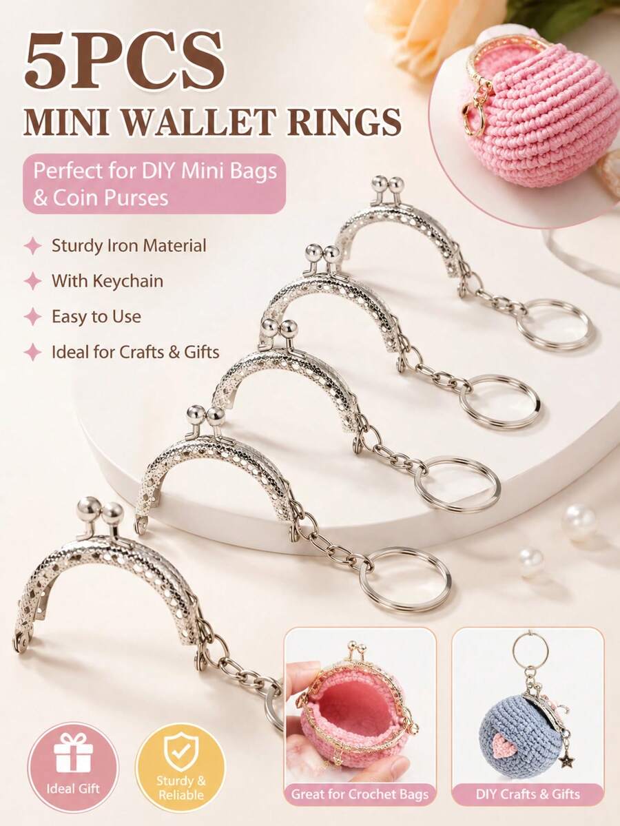 Mini Cierre de Beso con Broche, Herraje Metálico Curvo con Relieve Plateado Vintage. Viene con Anillo para Llaves y Cadena Decorativa, Se Puede Coser, Hebilla Especial para Bolsos Hechos a Mano. Adecuado para Monederos de Ganchillo, Mini Bolsos Hechos a Mano, Diversas Manualidades y Proyectos de Costura. - Multicolor - Ver 1