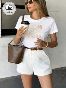 Elegant dam-t-shirt med rund hals och korta ärmar - Svart med den tydliga italienska texten "Non Mi Dovete Stressare", vardagskläder för vår/sommar, 100% bomull. - Vit - Visa 8
