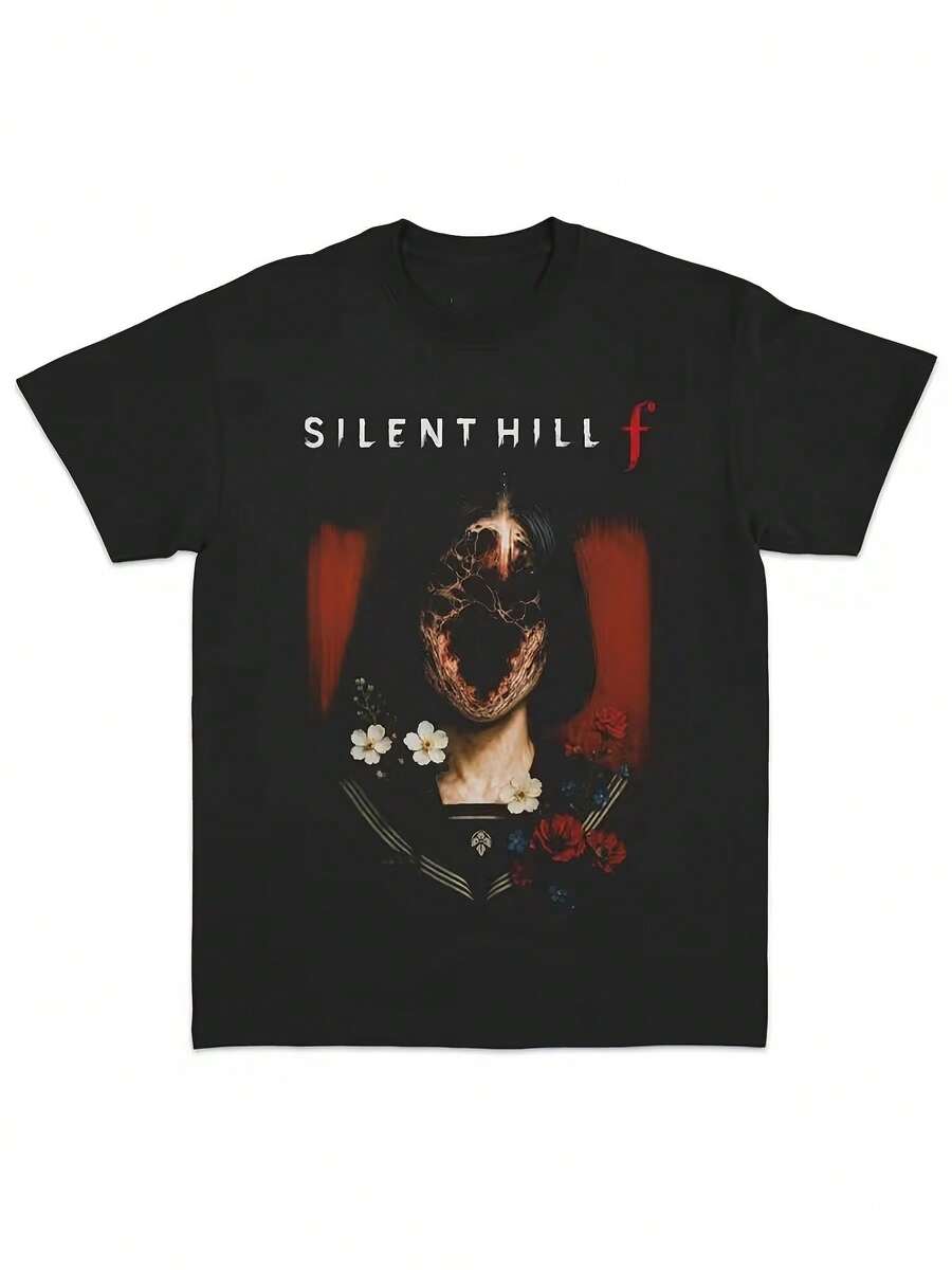 Casual T-shirtCamiseta de algodón de manga corta y cuello redondo con gráfico del juego de terror Silent Hill F de Konami para hombre y mujer, perfecta para verano, viajes, playa y festivales, ropa de calle de verano casual y cómoda100% CottonDurable - Negro - Ver 1