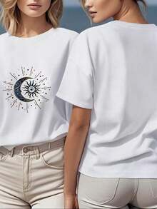 Camiseta Casual de Mujer con Estampado de Sol y Luna, Manga Corta, Cuello Redondo, para Uso Diario, Cómoda Camiseta de Algodón - Blanco - Ver 2