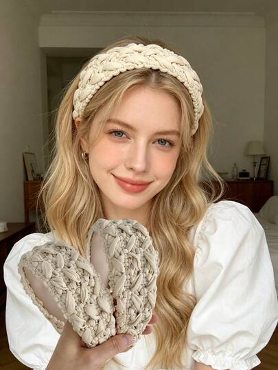1pc Beige Handmade Knotted Headband, Women's Thick High Volume Hairband, Fashion Retro Style Hair Accessory, Suitable For Daily Wear And Face Washing