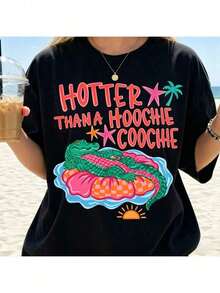1 pieza Camiseta "Más Caliente que un Caimán", Camiseta Gráfica de Verano, Camiseta de Caimán, Camiseta Gráfica para Mujer, Camiseta Oversize para Ella, Estilo Nuevo 2026, Ropa de Vacaciones para Mujer, Ropa de Verano, Ropa para Conciertos, Ropa para Conciertos Country, 180g 100% Algodón suave - Negro - Ver 7