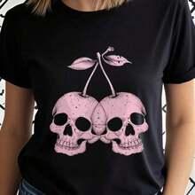 Camiseta Gótica para Mujer con Estampado de Calaveras y Flores de Cerezo - Estilo Black Powder, Cuello Redondo, Manga Corta, Transpirable, Holgada, Casual para Uso Diario y Fiestas de Halloween, Lavable a Máquina, Estilo Urbano Vanguardista, Moda Urbana, Material Suave, Corte Cómodo, Estilo Alternativo para el Día de la Bandera, para Hombres, Absorbe la Humedad, para Actividades al Aire Libre, Rendimiento de Secado Rápido. - Negro - Ver 1