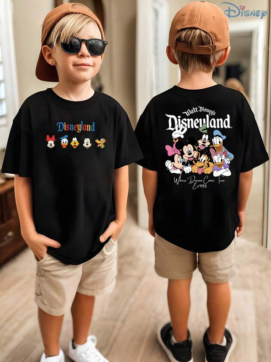 Boys' Disneyland Classic Characters "Where Dreams Come True" Double-Sided Graphic T-Shirt, Kids Vintage Magic Tee, Soft Breathable Casual Top For Boys, Ideal For Everyday Wear, Playground, School, Theme Parks, Family Trips & Outdoor Activities - Black - View 1