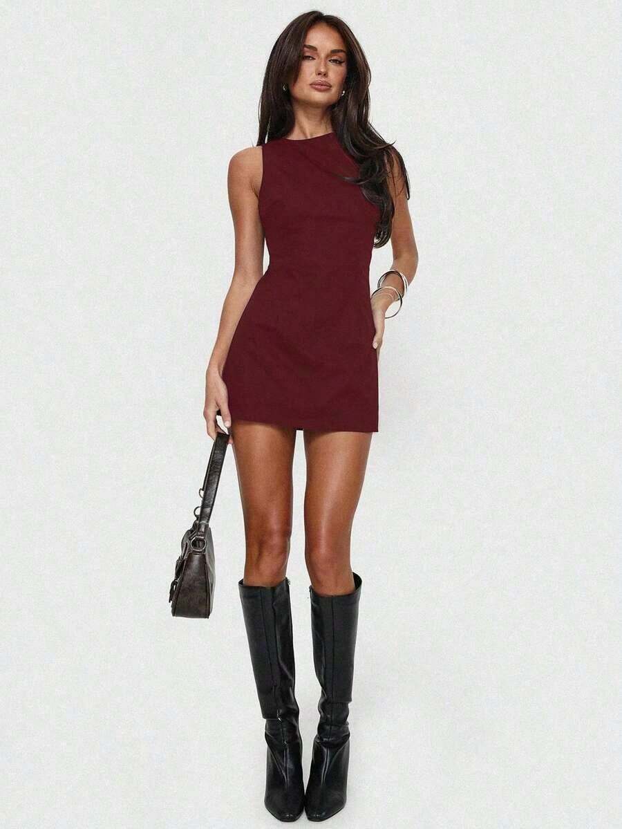 Elegante y de moda vestido mini ajustado con cuello redondo, sin mangas y con lazo en la espalda, nueva llegada de primavera/verano - Blanco - Ver 1