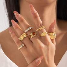 Juego de 7 piezas de anillos de diseño de nicho con textura de lava dorada, textura de metal vintage desgastado, joyería decorativa para uso diario - Juego de siete anillos - Ver 1