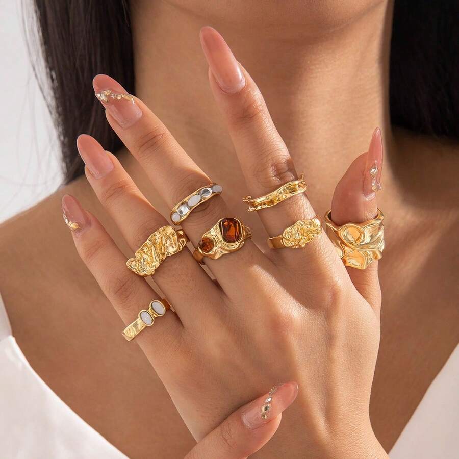 Juego de 7 piezas de anillos de diseño de nicho con textura de lava dorada, textura de metal vintage desgastado, joyería decorativa para uso diario - Juego de siete anillos - Ver 1