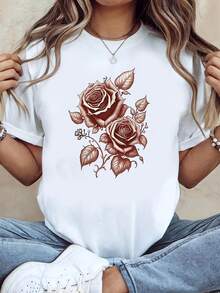 Camiseta manga corta cuello redondo 100% algodón, estampado trendy, tejido ligero y ventilado, estilo moda casual, apta para vida diaria, salidas informales y citas en primavera, verano y otoño - Blanco - Ver 1