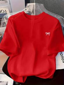 Soft 100% Cotton T-Shirt. New Women's Fashion Design With A Round Neck And An Artistic Bow Print, Perfect For A Comfortable And Casual Outfit. This Versatile Short-Sleeved T-Shirt Is Breathable And Goes With Everything. - 紅色 - 查看 6