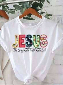 Casual T-Shirt - Christian T-Shirt - T-Shirt With Bible Verse Print 'Jesus Is The Way, The Truth, The Life' - White Religious Dress With Floral Print - Casual Church Dress - Machine Washable - Daily Devotional Wear - Bright Lettering Design - Comfortable Fabrics - Local Community Store - In Stock - Soft And Comfortable - Enjoy Discounts - Suitable For Easter, Halloween, Thanksgiving, Etc. 100% Durable Cotton - 白色 - 查看 7