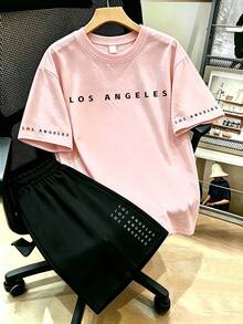 Letter Print Pattern T-Shirt And Shorts, Plus Size Women's Summer Casual Two Pieces Set Elegant - Multicolor - View 1