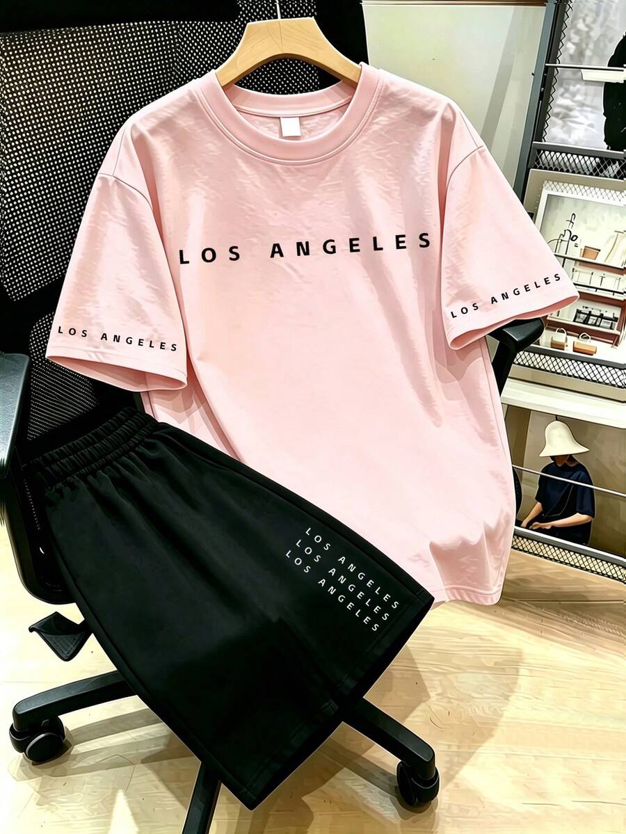 Letter Print Pattern T-Shirt And Shorts, Plus Size Women's Summer Casual Two Pieces Set Elegant - Multicolor - View 1