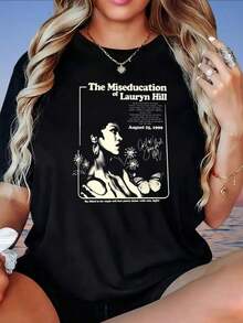 Camiseta Casual de Manga Corta para Mujer Talla Grande con Estampado de Frases y Figuras, Cuello Oblicuo Holgado, Estilo Casual - Negro - Ver 7