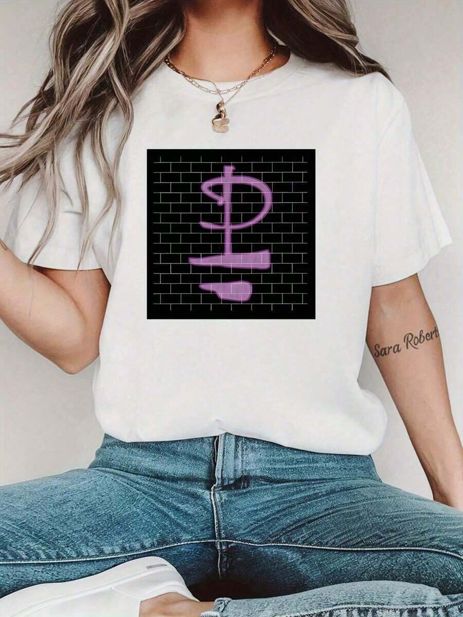 Women's White Short-Sleeved T-Shirt With Purple Abstract Symbol Graphic Print And Black Brick Wall, Loose Fit, Round Neck, Machine Washable, All-Season Top, Ladies' T-Shirts, Easy Care Fabric, Casual Style. - 白色 - 查看 1