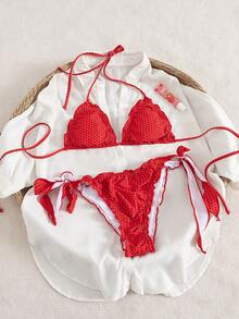 PEPPERMOLLY Bộ bikini chấm bi dành cho nữ, áo tam giác xếp nếp kết hợp với quần bơi buộc dây phía trước, đồ bơi mùa hè thích hợp cho bãi biển và tiệc bể bơi. - Đỏ - Xem 2