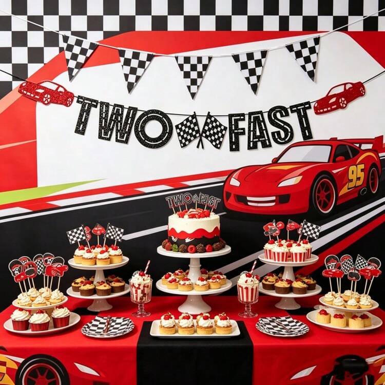 1 Set TWO FAST Birthday Banner/Racing Theme Party Decor, Personalized Font & Simulated Racing Car Banner, For Car Enthusiast Birthday & Party Decoration, Racing Driver Anniversary Party Decor Banner - View 2