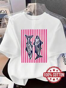 TH529 New Women's T-Shirt, Pink Stripe Print And Fish Design, Fashionable Casual T-Shirt, 100% Round Neck And Short Sleeve, Sweat Absorbent And Breathable, Casual Home Wear, Comfortable, Elegant And Chic, T-Shirt For Spring, Summer And Autumn. - 白色 - 查看 6