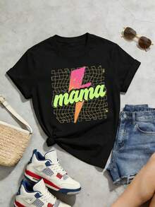Camiseta de Verano para Mujer, Casual, Suave, Cuello Redondo, Manga Corta, con Estampado de Rayos Degradados de Rosa a Naranja a Cuadros. Negro. - Negro - Ver 2