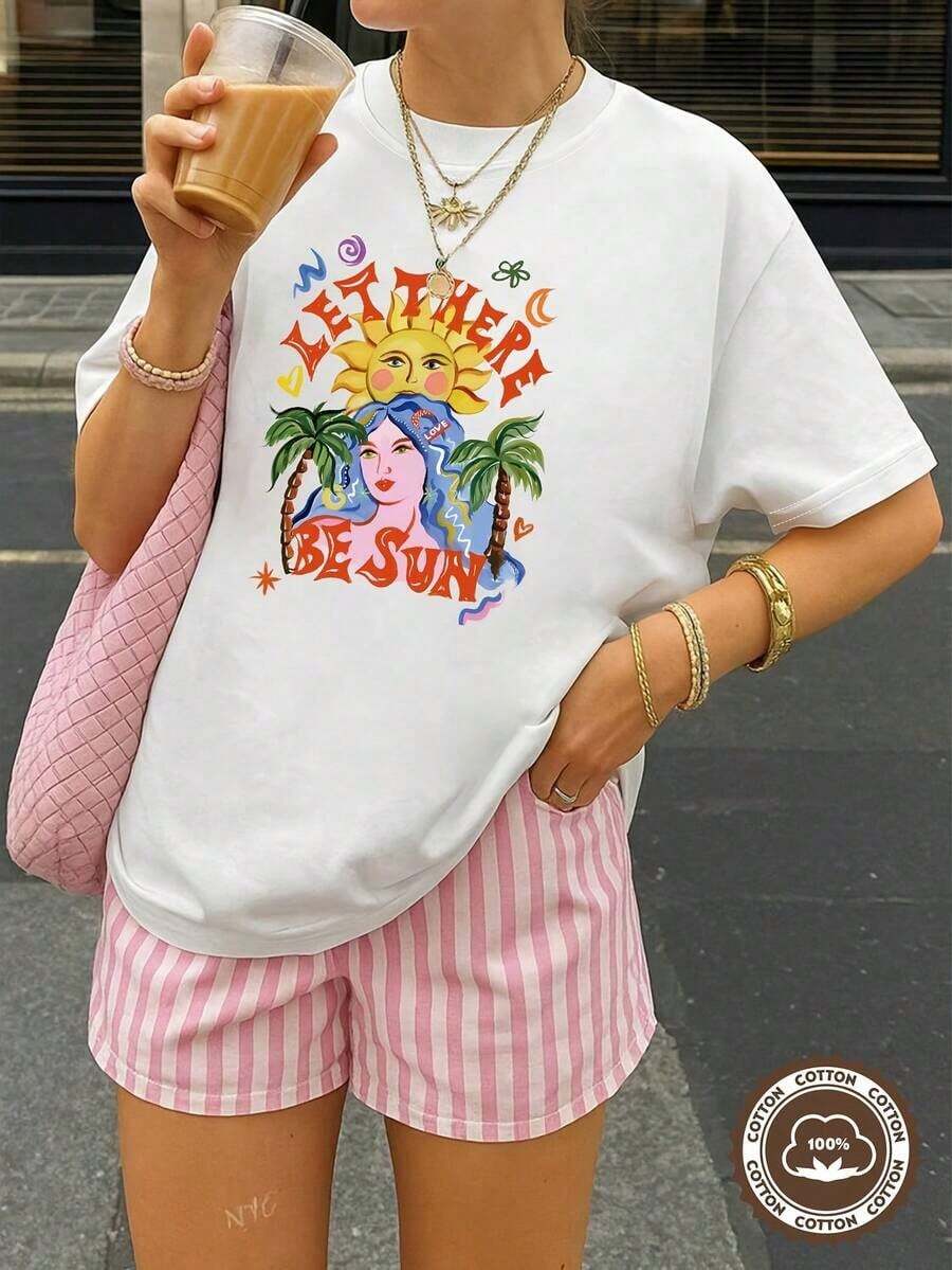 1 Piece Plus Size, 1 Piece Women's Summer Clothing, 'Let There Be Sun' Graphic T-Shirt With Palm Trees And Women For Summer Days, Round Neck, Short Sleeve, Casual And Fashionable Top, Elegant Party Outfit, Loose Fit, Holiday Gifts, Fun Design, Daily Wear 100% Cotton. - 白色 - 查看 1