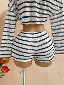 Conjunto informal de 2 piezas de top corto con cuello irregular y borde de lechuga, y shorts, en unicolor, para vacaciones, primavera/verano - Blanco y Negro - Ver 5