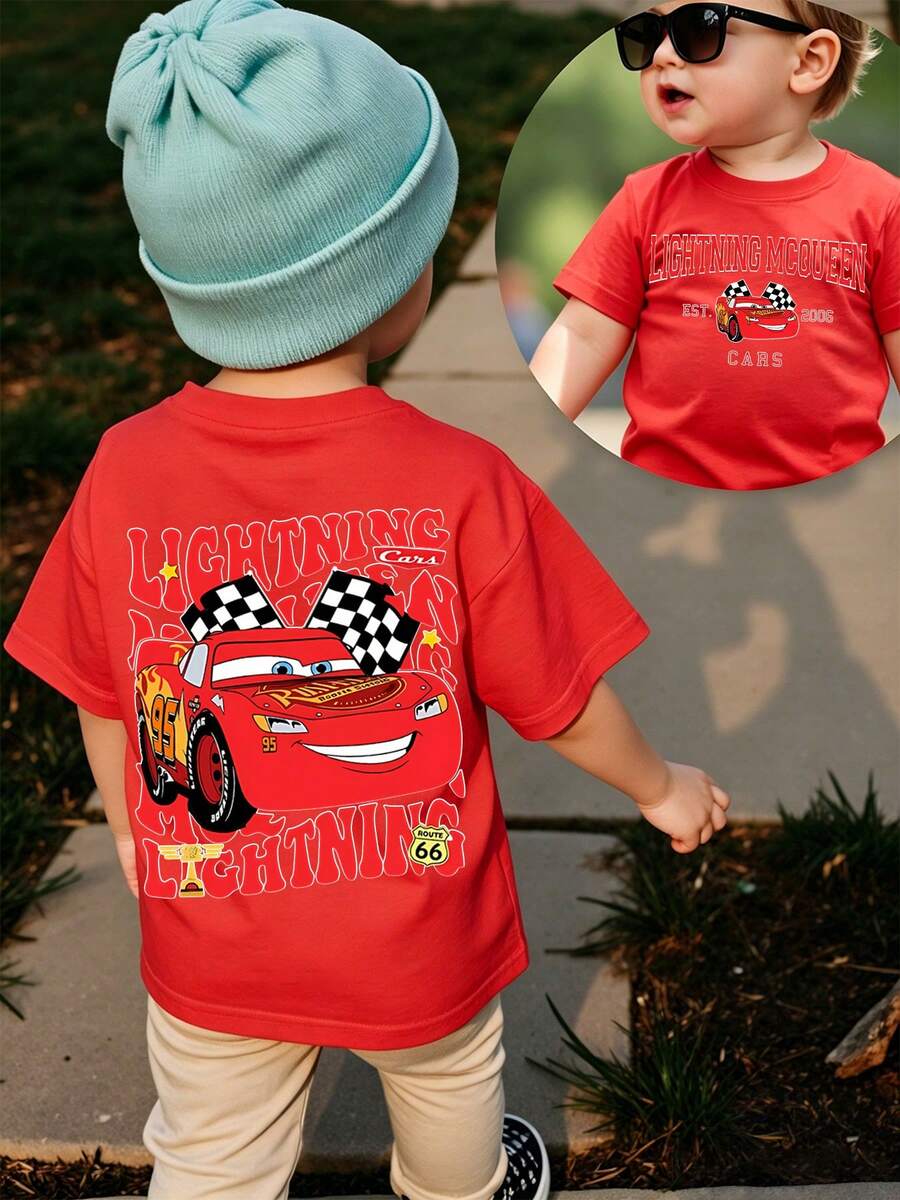 Disney's New Lightning McQueen Racing Route Print - Children's Clothing Design, Vest, Daily Outings, Casual And Cute, Comfortable And Loose, Suitable For Boys And Girls, Ideal Choice For Gatherings And Play, Washable, Girls' Short Sleeved Shirt, Gifts Dishnei>Clothes Shirt Pattern T-Shirt Toddler Boy Clothes Tops Kids Girls Clothing Mom And Daughter Matching Outfit - Đỏ - Xem 1