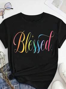 Camiseta negra casual de manga corta para mujer - Cuello redondo, lavable a máquina, ideal para primavera, verano y otoño, perfecta para uso diario. Diseño de texto único. Material suave y cómodo. Ropa infantil. - Negro - Ver 7