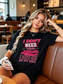Funny Women's T-Shirt With Bright Pink Text: "I Don't Need Your Attitude, I Have My Own" - Black Star T-Shirt, Soft, For Everyday Wear, Machine Washable, Casual Top, Funny Birthday Gift - 黑色 - 查看 4