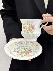 1 Conjunto de Xícaras e Pires com Borda Dourada Floral do Palácio, Conjunto de Louça de Porcelana Vintage, Xícaras de Café Elegantes com Flor Verde, Xícara e Pires de Leite para Café da Manhã, Adequado para Casa, Restaurante, Café, Loja de Sobremesas, Presente - Multicolorido - Visão 8