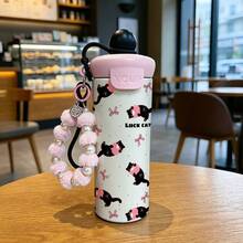 1個 600ML 不鏽鋼保溫杯，附貓咪圖案、粉色珍珠掛繩與黑色矽膠吊繩、杯蓋與矽膠吸管，適用於咖啡、茶、果汁、冷熱飲，適合戶外露營、辦公室、學校、居家使用，夏季生日禮物 - 彩色 - 查看 13