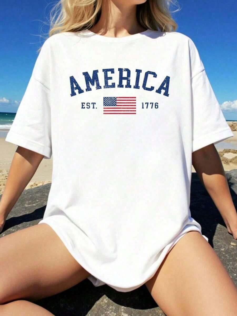 Camiseta 100% Algodón con Bandera Americana, Estados Unidos, 4 de Julio, Camisetas de Verano, Camisetas Blancas con Estampado Gráfico para Mujer - Blanco - Ver 1
