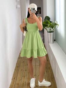 Vestido de punto con diseño de rayas y empalme para mujer, versátil y elegante para uso diario - Verde - Ver 6