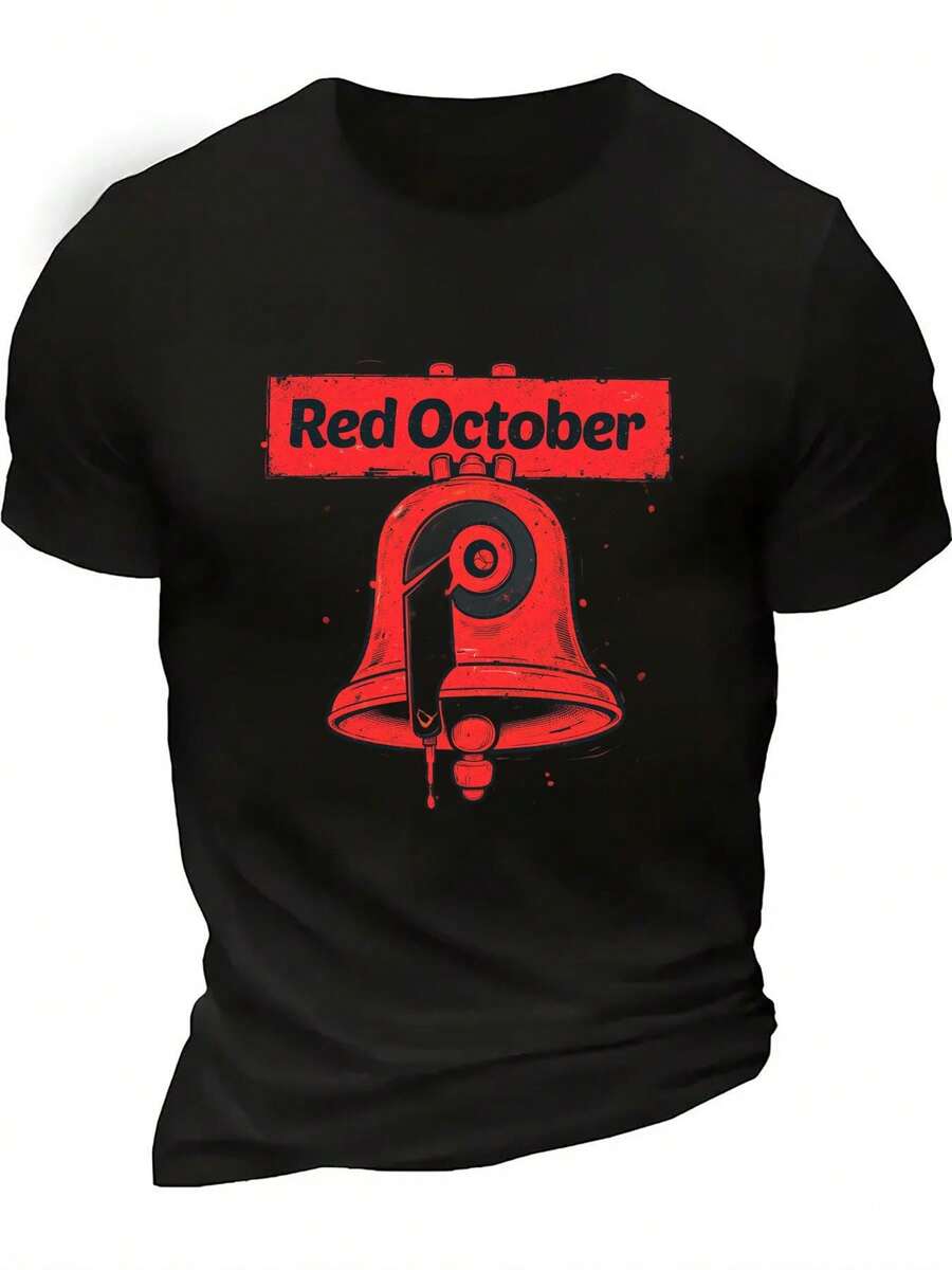 Camiseta de manga corta para hombre con estampado de campana y letras de Red October - Estilo vintage, cuello redondo, color blanco, con estampado de campana y letras de Red October, mezcla suave y transpirable, ligera, ideal para uso casual en todas las estaciones - Regalo único para papá, hermano. Una camiseta de manga corta adecuada para el hogar, uso diario, fiestas y viajes, perfecta como regalo para amigos o familiares. - Negro - Ver 1