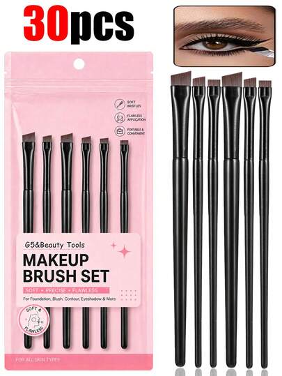 30pcs/12pcs/6pcs/3pcs/1pc Eyeliner Brushes, Eyebrow Tinting Brushes, Professional Eyeliner Brush Set, Angled Eyeliner Brush, Eyeshadow Applicator, Flat Angled Bristle Design, Easy To Clean And Reusable Eyeliner Brush Set, Ergonomic Handle, Suitable For Professional Makeup Artists And Beginners, Can Be Used As Eyeshadow Brush, Eyebrow Brush And Eyeliner Brush. The Slim Eyeliner Brush Is Perfect For Filling In The Eyes, Can Be Used With Eyebrow Powder, Mascara, Eyebrow Gel, Eyebrow Pomade And Eyebrow Powder.